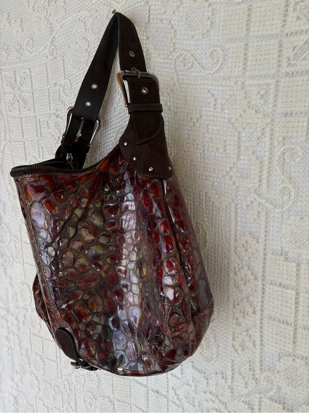 Donald J. Pliner Brown Suede  Crocodile Embossed Hobo Shoulder bag